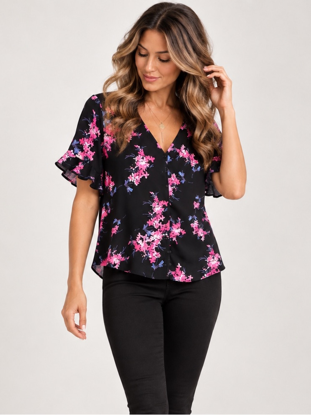 Cece floral button down top, short ruffle sleeves, black and pink! NWT medium